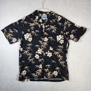 RJC Hawaiian Shirt Mens Medium Black Floral Bamboo Aloha Camp‎ Button Up